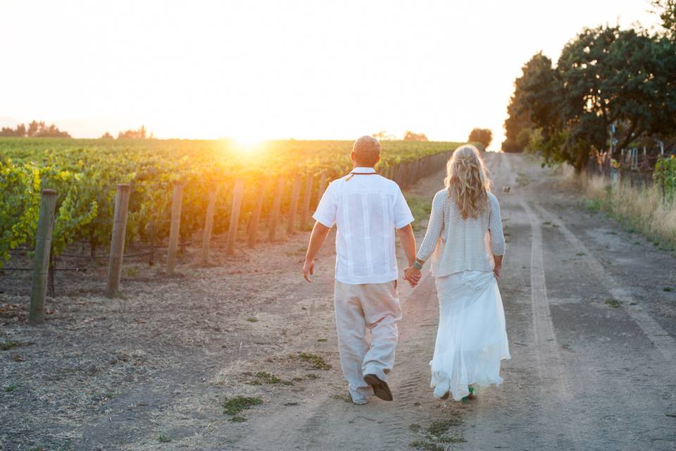 Romantic walk in the vineyards with the sun setting over Napa County, California.