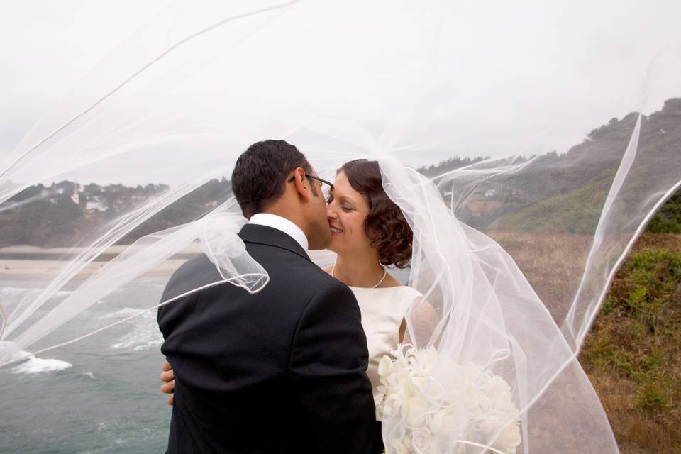 A romantic bridal session on the headlands overlooking the village of Mendocino, California.