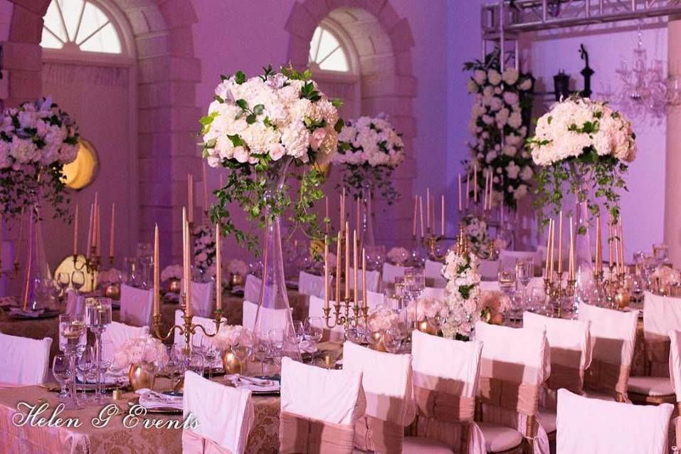 Table setting and floral centerpieces