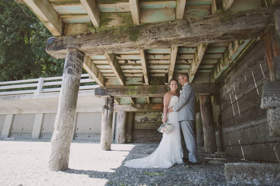 Bride and groom at beach