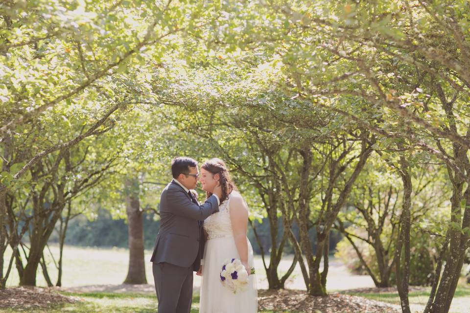 Bride and groom with trees