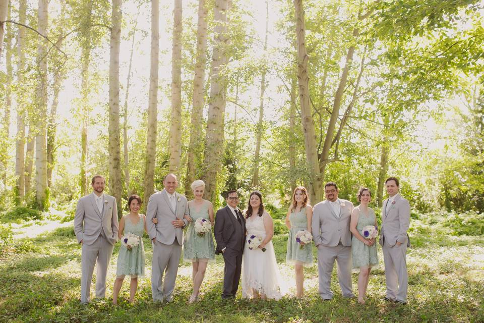 Wedding party in trees shot