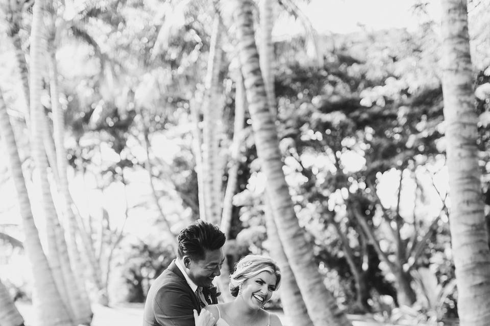 Bride and groom laugh