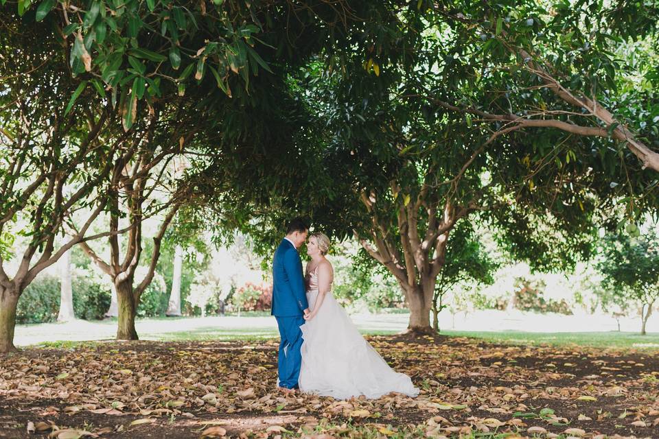 Bride and groom under trees