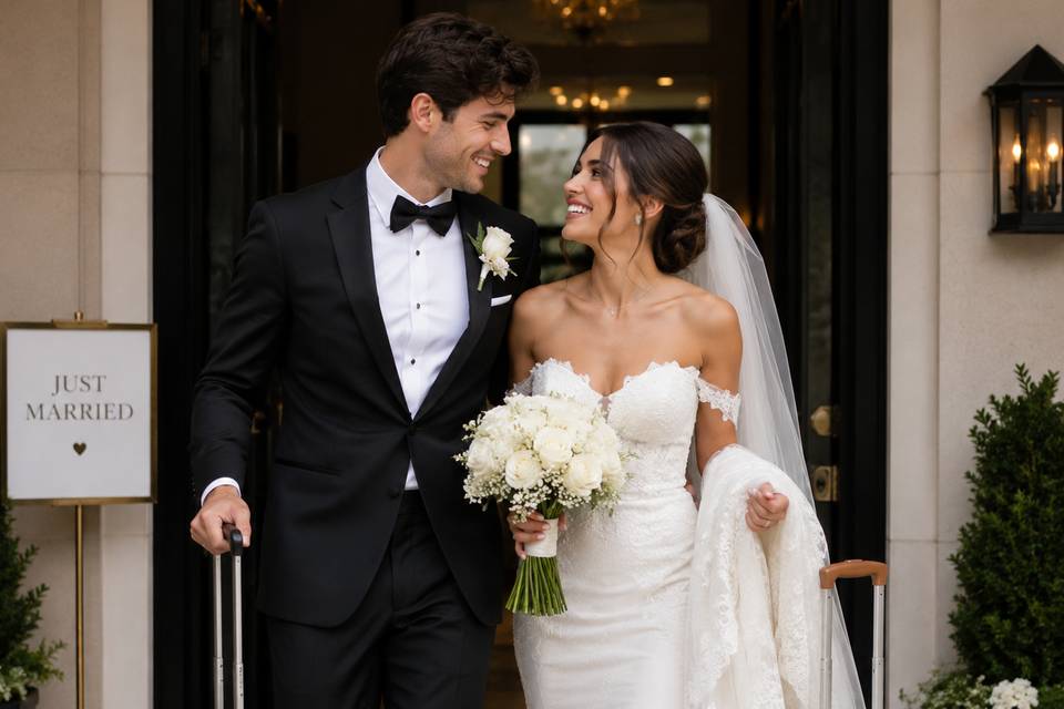 Happy couple leaving for honey