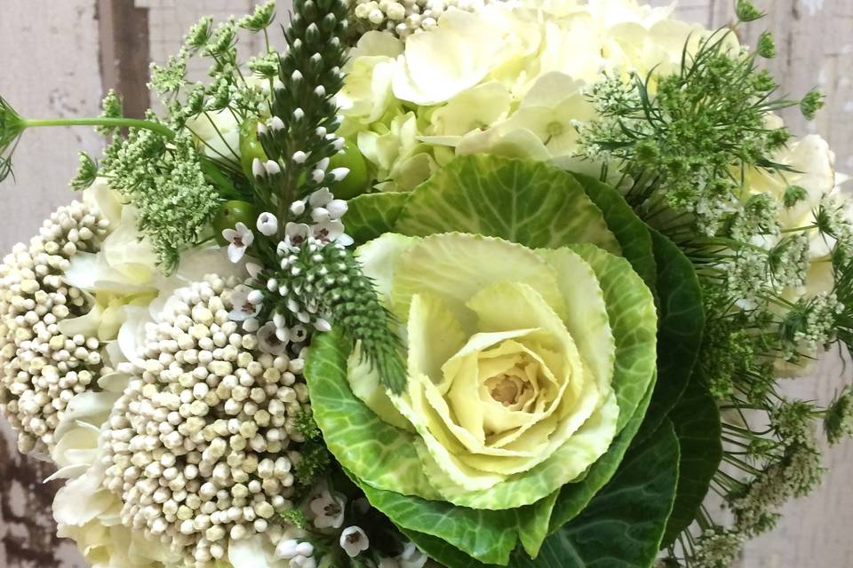 A beautiful fall bouquet with Kale, Riceflower,  Lysemachia, and Queen Anne's Lace