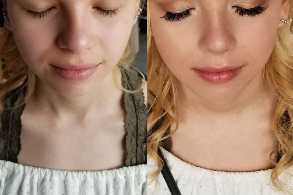 Soft prom glam Before and  After with individual tab lshes