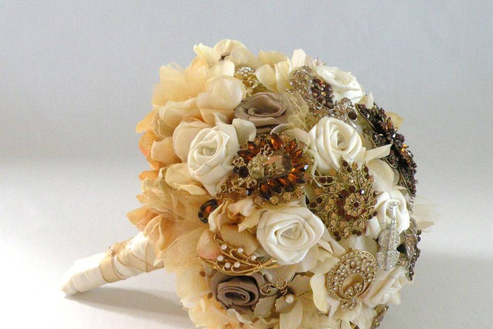 Glamourous brooch jeweled bouquet studded with rhinestone and crystal brooches, with silk hydrangea and satin ribbon roses. Shown here in topaz and gold but available in other colors