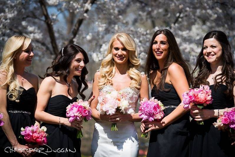 Spring weekend wedding at Le Parker Meridien hotel. Photos in Central Park with the bride and her bridesmaids. (photo by Christopher Duggan Photography)