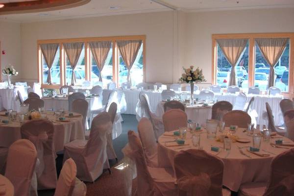 Optional chair covers transform the room to bridal white.
