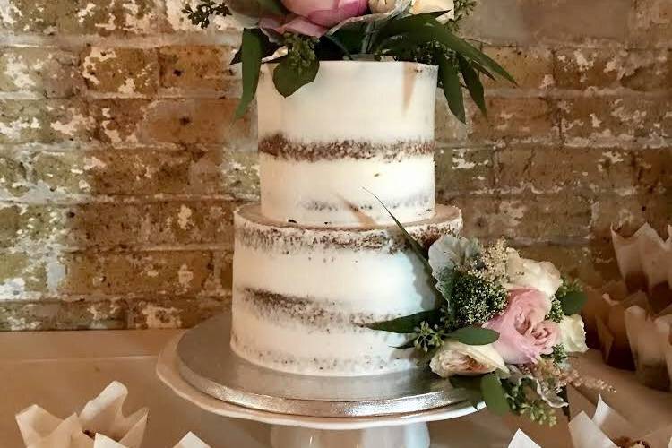 Naked Tiered Cake with Blush Pink Flowers