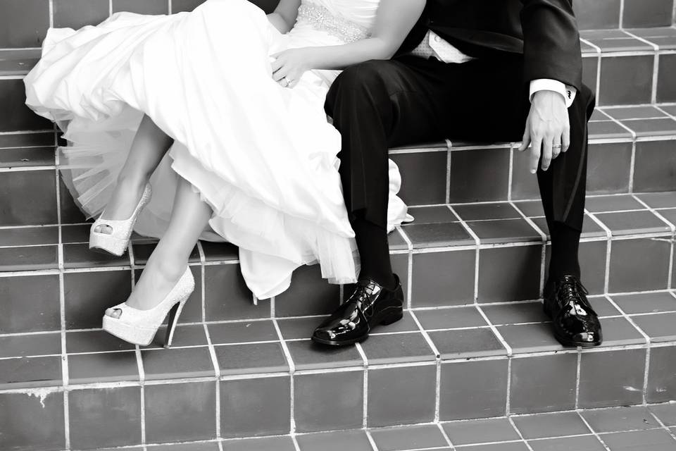 Couple embracing on staircase