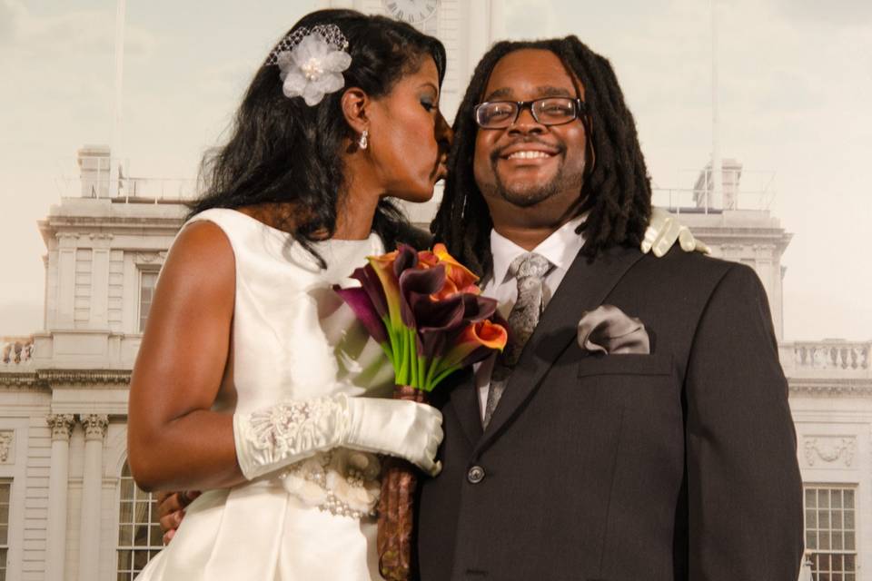 Bride and Groom pose at New York City's City Hall Marriage Bureau