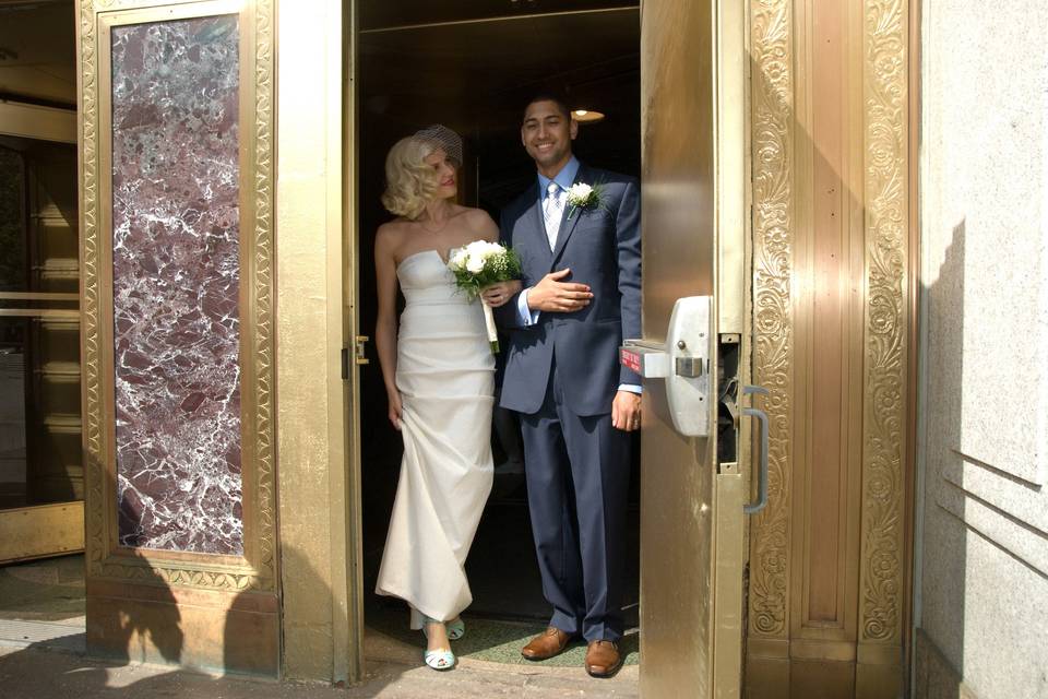 Bride and groom leaving City Hall in New York City