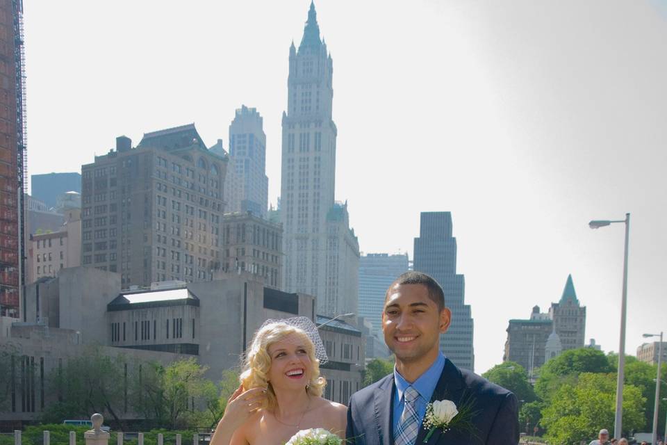 Bride and Groom walking on Brooklyn Bridge, NYC,NY