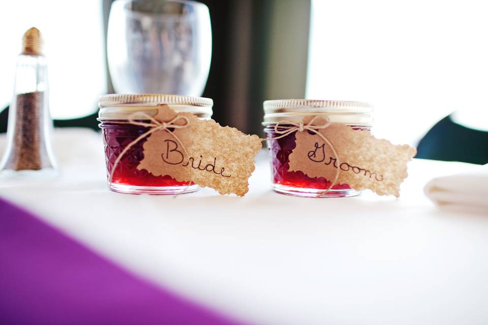 Homemade strawberry rhubarb jam for wedding favors.  Photo courtesy of Deidre Lynn Photography