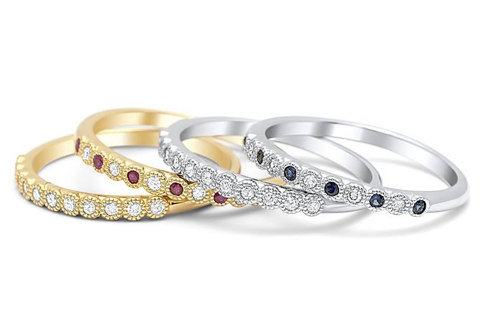 Delicate, beautiful, and stackable milgrain trimmed wedding bands are also great to pair up with most of our engagement rings.
