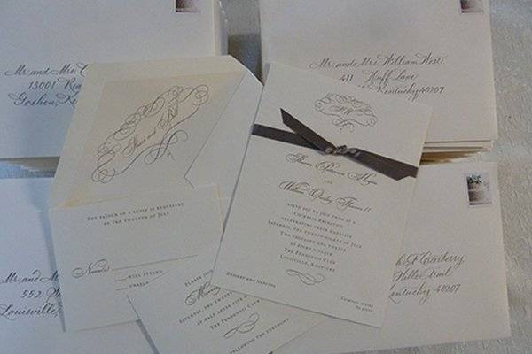 Invitation suite with color matched handlettered envelopes by Jan Hurst.