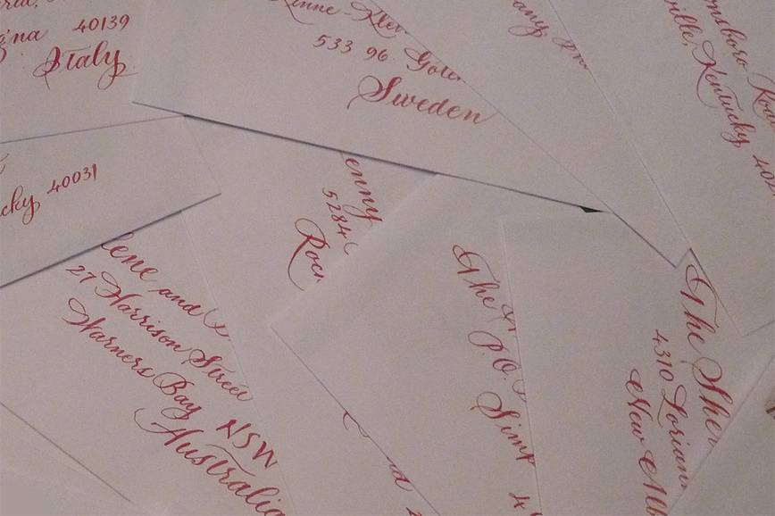 Close up of hand lettering on wedding envelope by Jan Hurst.