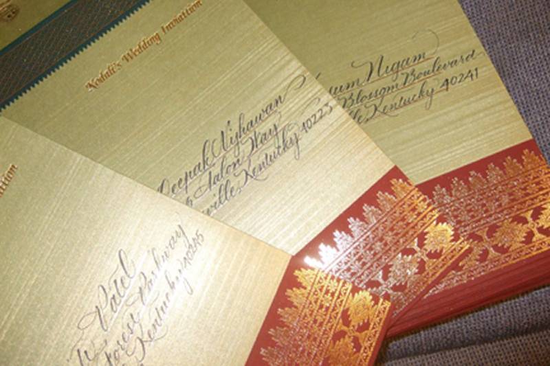 My traditional wedding script in black ink on white envelopes.  Jan Hurst