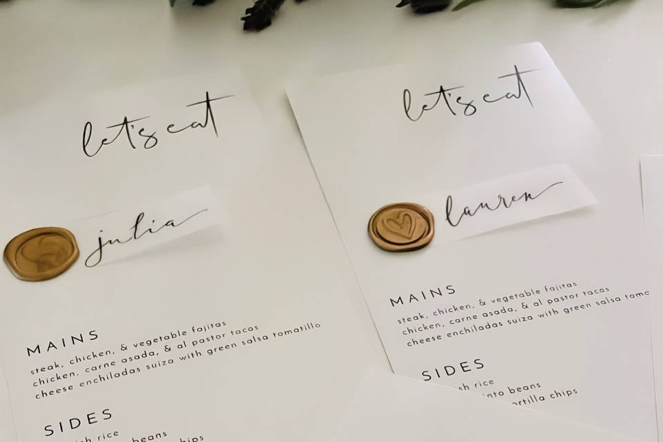 Menu Cards with calligraphy