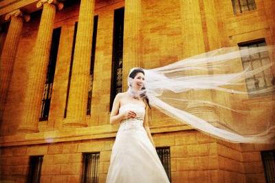 Bride veil blowing in the wind