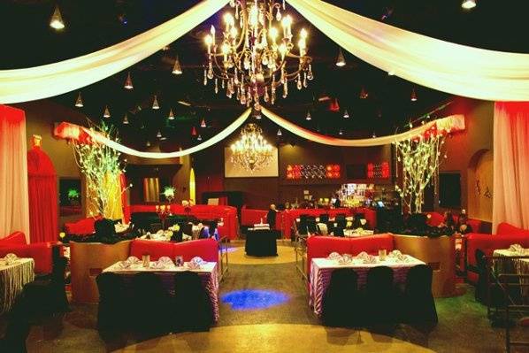 Front to back view of the venue. Set for a standard wedding reception