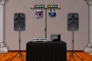 Party Package:
Great for small events with under 100 guests.
•  MC / DJ
•  Computerized Sound System
•  Basic Light Rack
•  2  400 W Loud Speakers
•  60,000 Song Music Library
