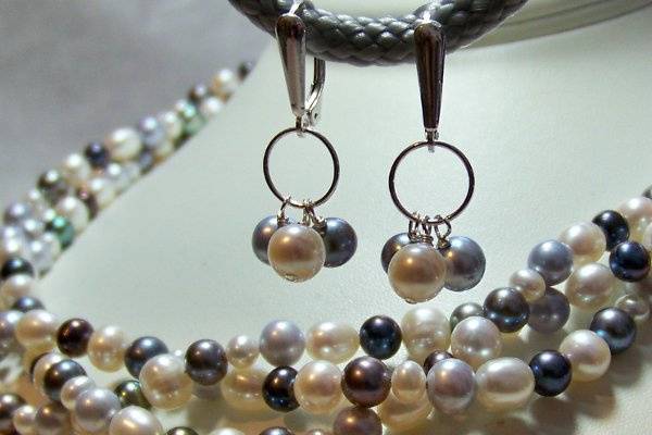 Triple strand freshwater pearl/sterling silver necklace and leverback earrings