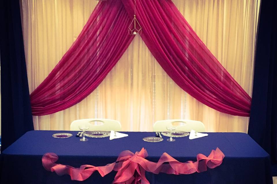 Bride's custom colors of Navy, Burgundy, and Gold backdrop