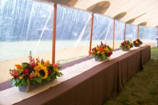 Harvest table arrangements in wooden boxes, that were made at our farm.