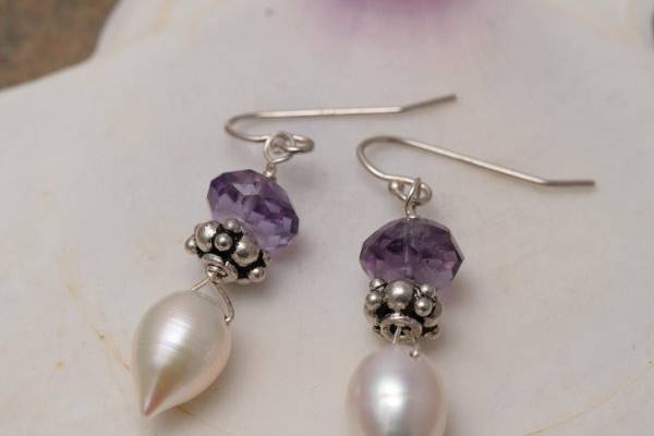 1-1/4 Inch drops of Tipped Pearls, Faceted Amethyst and Sterling accent Beads. Sterling Wires.