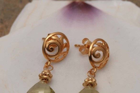 1-1/4 Inch of sparkling Lemon Topaz Diamond Briolettes are deftly combined with Gold Vermeil bead caps and open scrollwork post earrings.