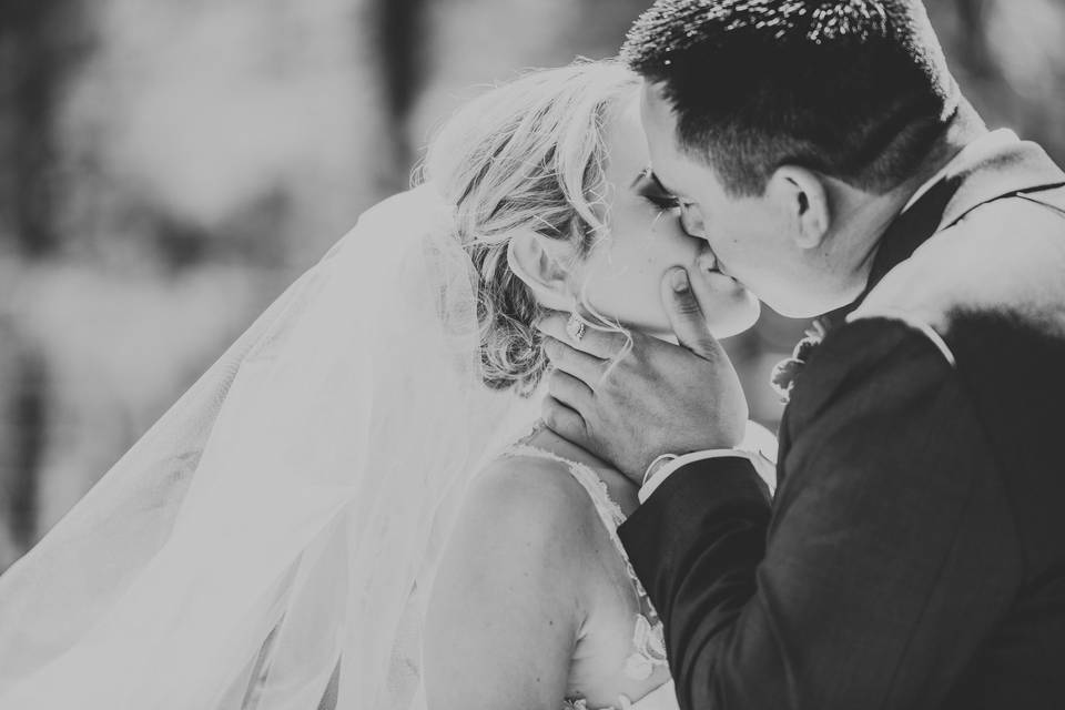 Groom kissing his bride