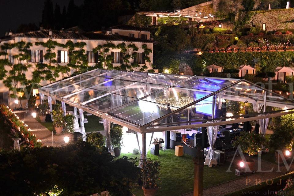 ALMA PROJECT 24/7 @ Villa San Michele - Fairy light production - White Dancefloor - Black Stage - MH - Backline - pinspots buffet Marquee Facade Garden lighting trees hedges - 454