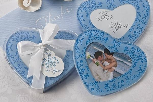 Gorgeous yet subtle blue damask on blue provides an elegant surround for these unique heart shaped photo bridal shower or wedding favor coasters.