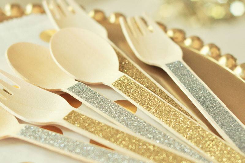 Silver & Gold Sparkle Wooden Cake Spoons and Forks