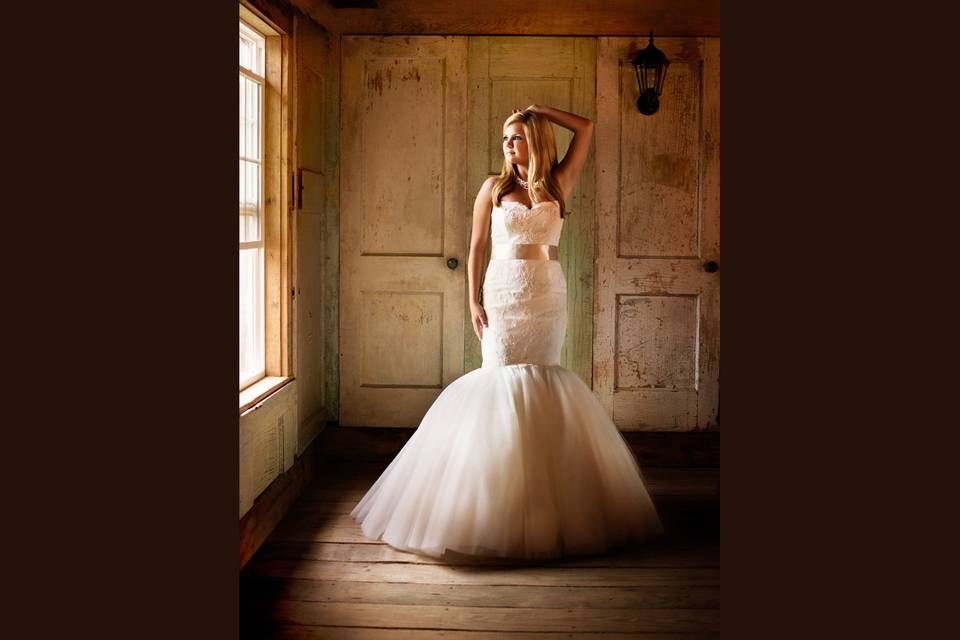 Amazing window light really brings out the shape of her beautiful dress!