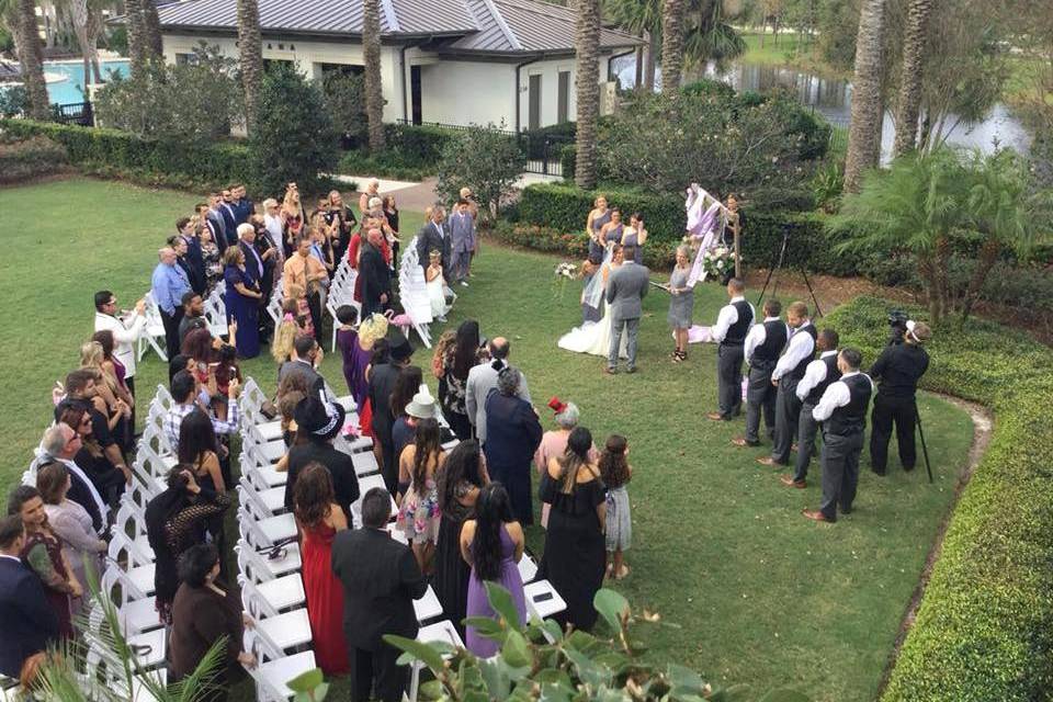 Aerial outdoor view of ceremony