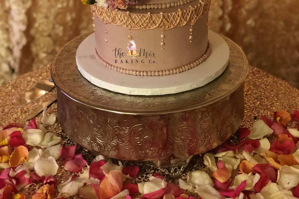 3 tier floral cascade, hand painted rose gold piping