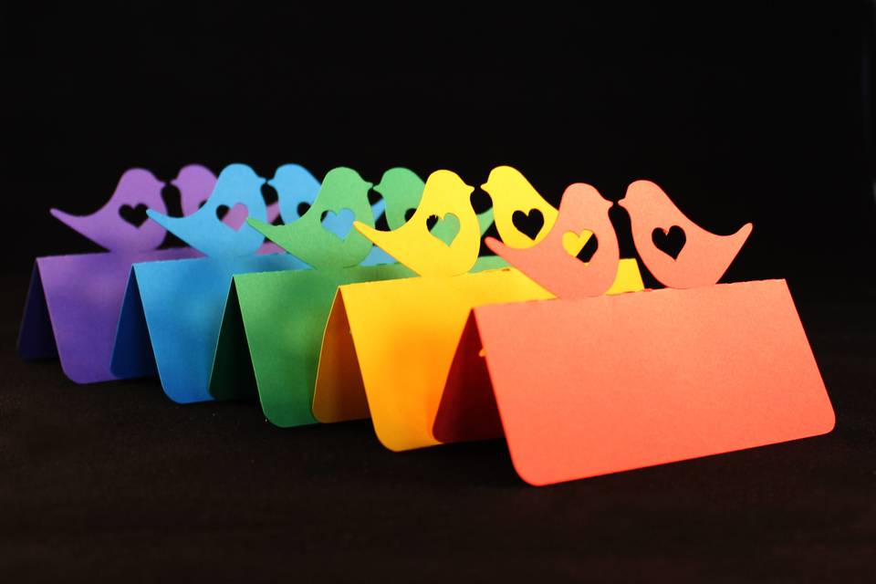 Love bird with heart place cards  - shown in a rainbow of colors