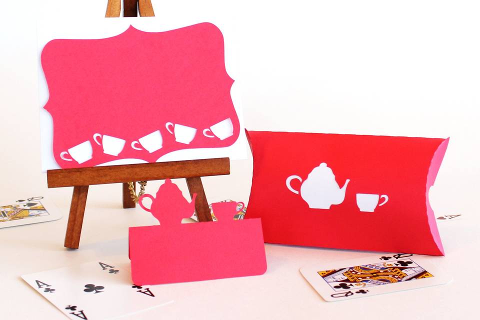 Tea party note card, favor box & place card.