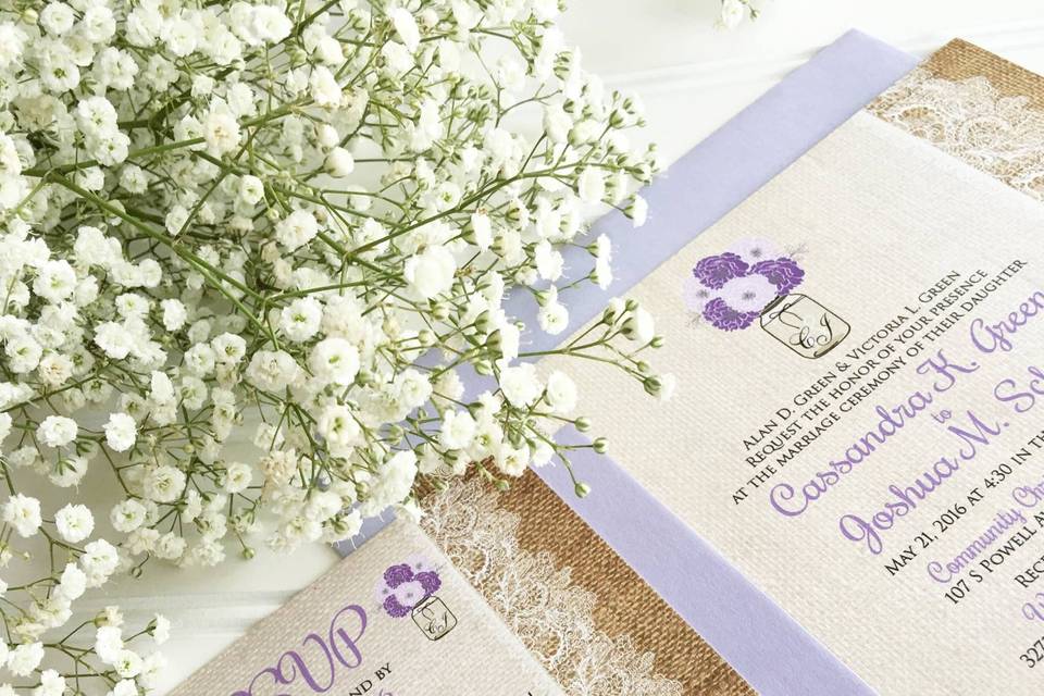 Dainty lace and lavender invites