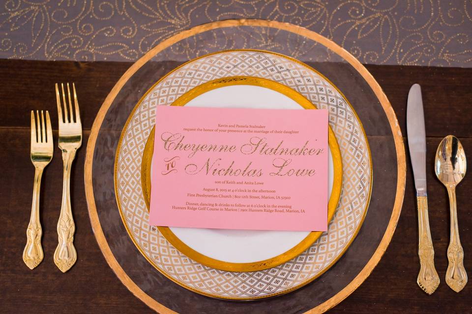 Pink invite with gold ink