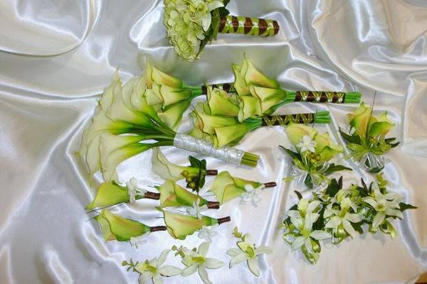 A beautiful wedding package! The bridal bouquet is white calla lilies with ivory satin and sheer ribbon.  The attendants bouquet are all green calla lilies with the stems wrapped in brown satin ribbon and accented with green sheer ribbon.  The jr. bridesmaid/toss bouquet is green hydrangea blooms.   The grooms boutonniere is  white calla lily bloom while the groomsmen and fathers bout's are green calla lilies.  The mothers corsages are green calla lilies with stephenosis.  The extra corsages and boutonnieres are white orchid blooms.