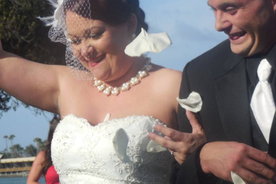 Petals falling on the newlyweds