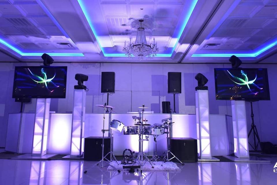 DJ booth and drum set