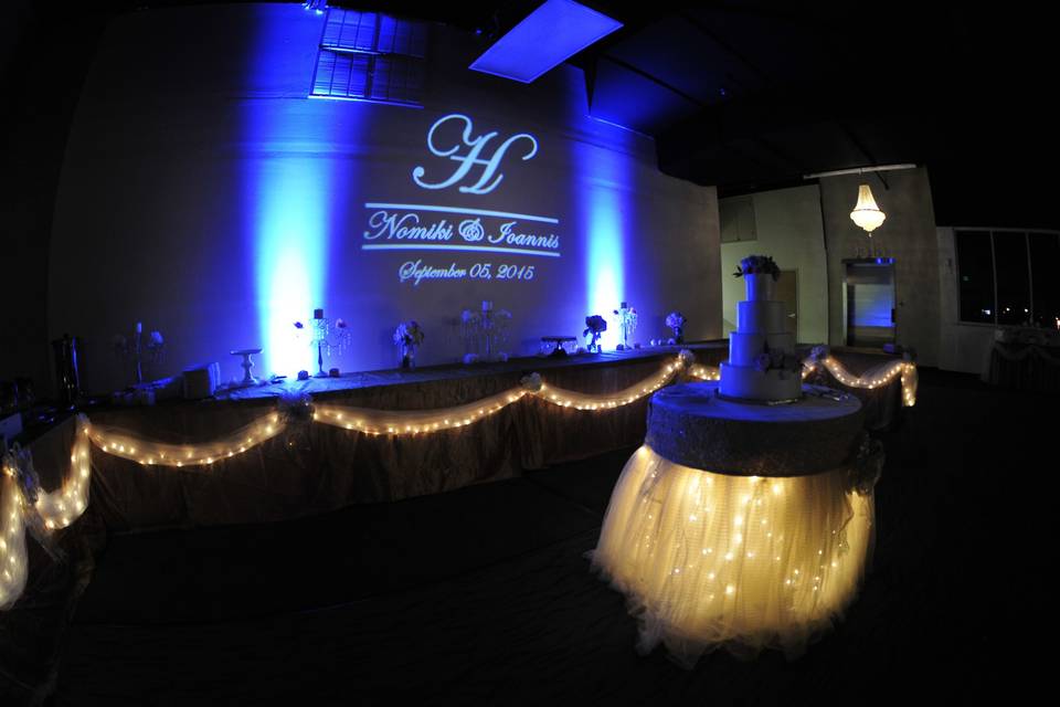 Grand ballroom can employ custom lighting and screen displays to achieve the ambiance and overall feel you desire for your wedding or other event.