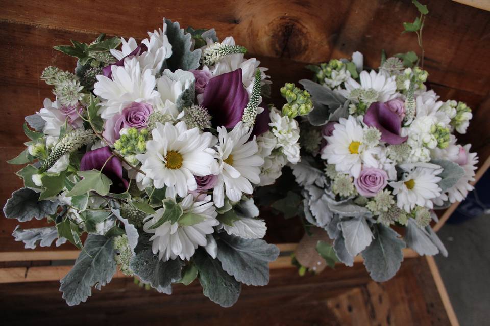 Purple and white bouquets