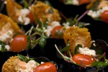 Fried green tomato salad in a tulip cup